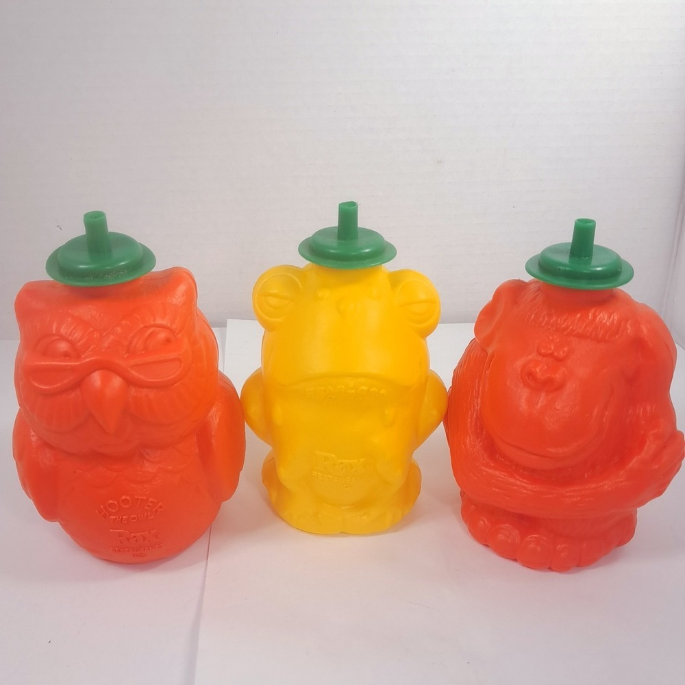 Vintage Rax Restaurants Sippy Cup Juice Bottle Owl Monkey Frog Plastic Sipper